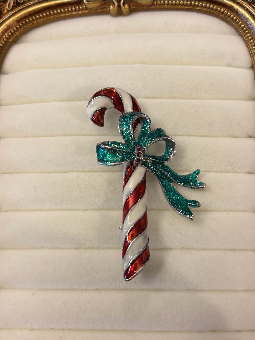 Enamel Candy Cane Striped Brooch Green Sparkly Bow Holiday Christmas Pin Festive - Picture 1 of 6